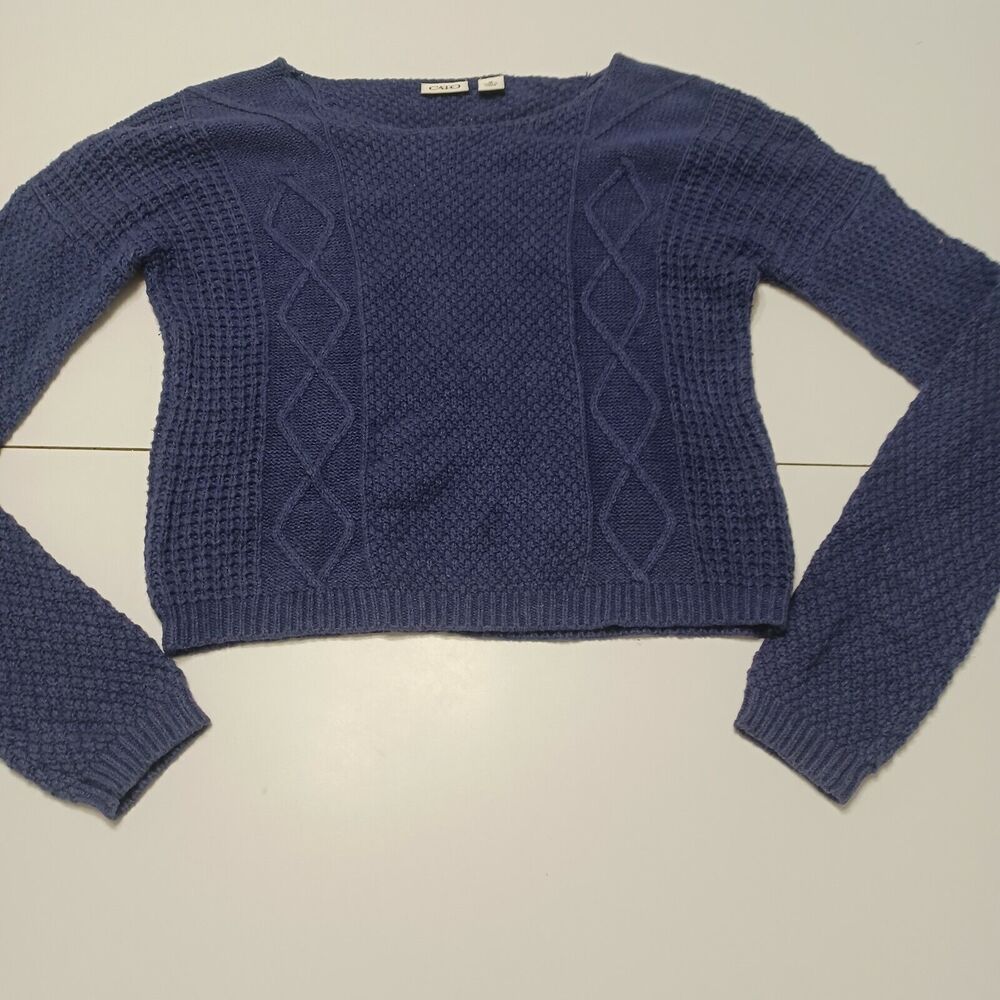 Cato Womens Pullover Cropped Sweater Blue Long Sleeve Ribbed‎ Boat Neck M
